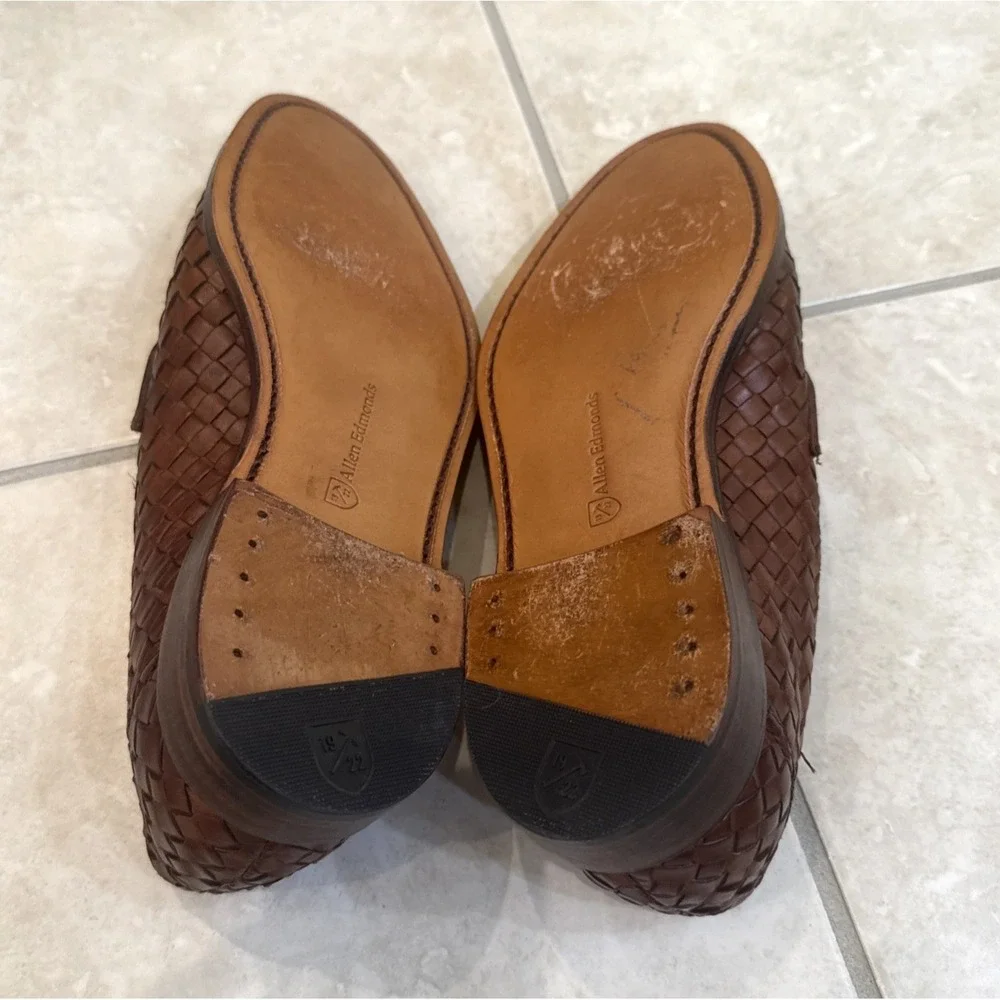 Allen‎ Edmonds Leather Woven Penny Loafers Brown Shoes 9D Career Basket Weave